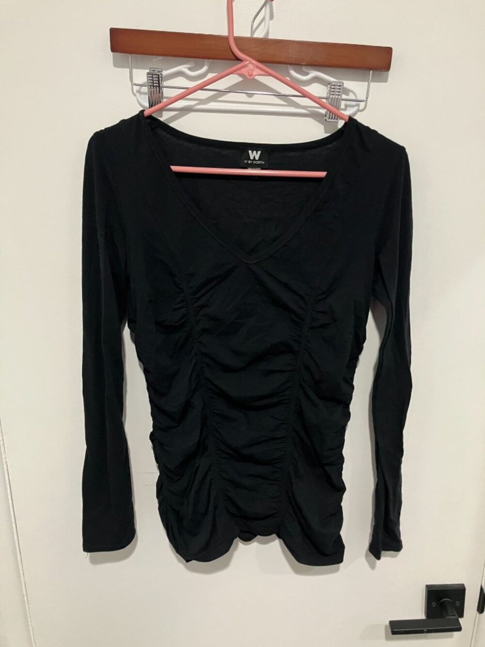 W By Worth Women's Ruched Long Sleeve V-Neck Shirt, Black, Medium